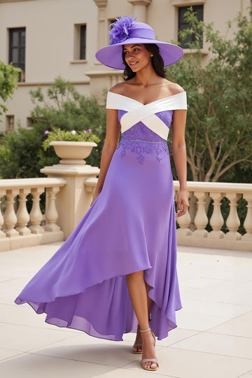 Purple Chiffon A Line High-Low Off the Shoulder Mother of the Bride Dress